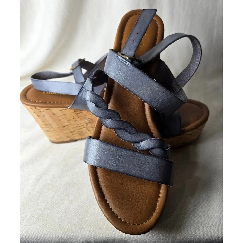 Nicole Debbie 9.5 Sandles Strappy Leather Blue Slate Wedge Platform‎ #2490